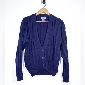 1980s Vintage TOI Chunky Knit Navy Cardigan Sweater | Size L | Retro Acrylic